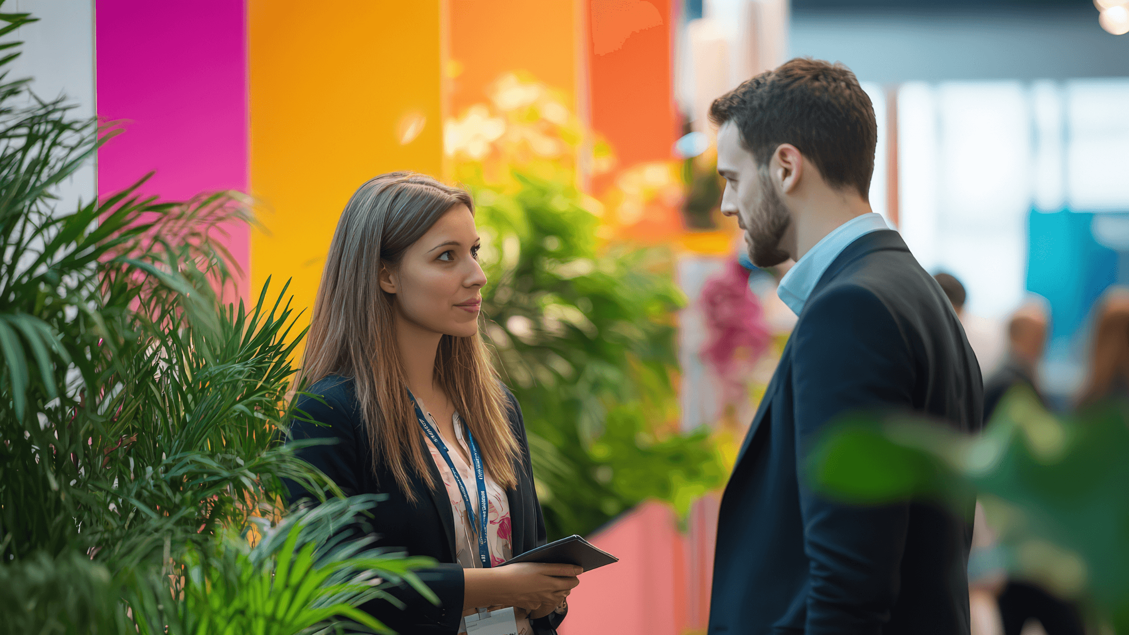 Two professionals converse in a vibrant setting with colorful walls and lush greenery, one holding a tablet.